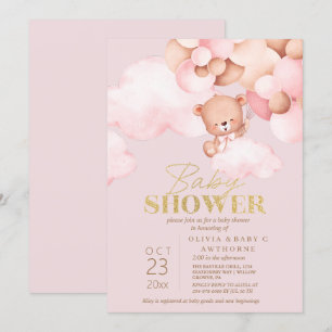 Convites Urso Rosa e Dourado Chá de Menina