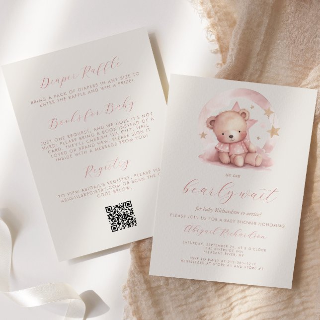 Convites Urso Rosa Fofo Código QR Chá de Bebê Menina (Criador carregado)