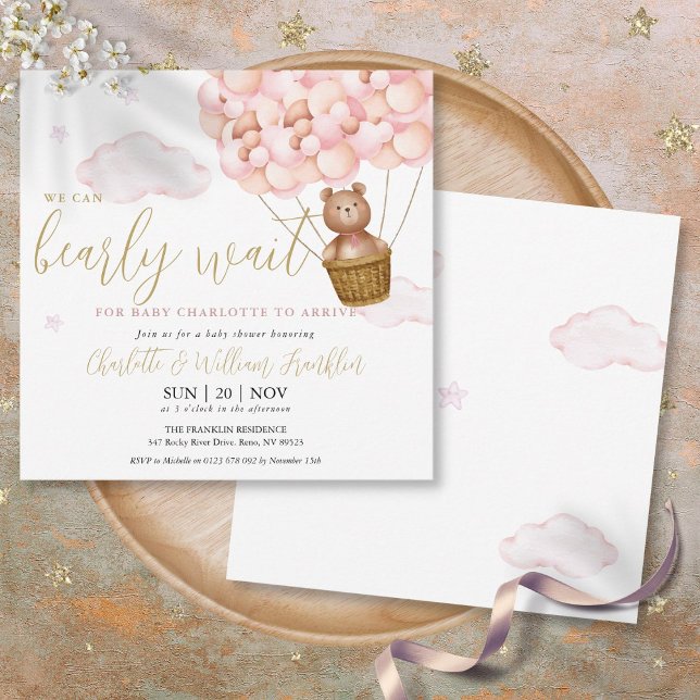 Convites Urso Rosa Mal Pode Esperar Urso de Pelúcia Menina  (Pink Bearly Wait Teddy Bear Girl Baby Shower Invitation)