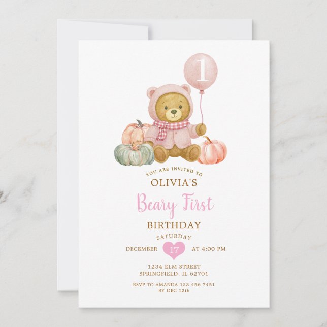 Convites Urso Rosa Pumpkin Queda Urso Primeiro Aniversário (Frente)