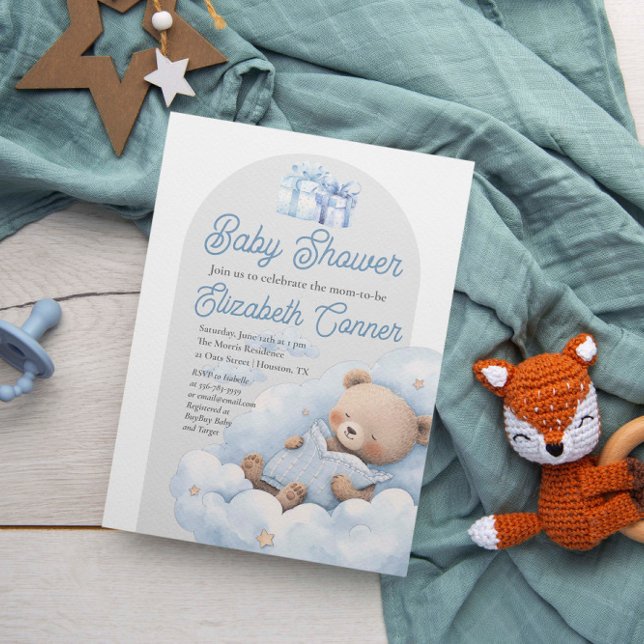 Convites Urso Sonolento, Aquarela, Chá de Bebê (Sleepy Bear Watercolor Baby Boy Shower Invitation)
