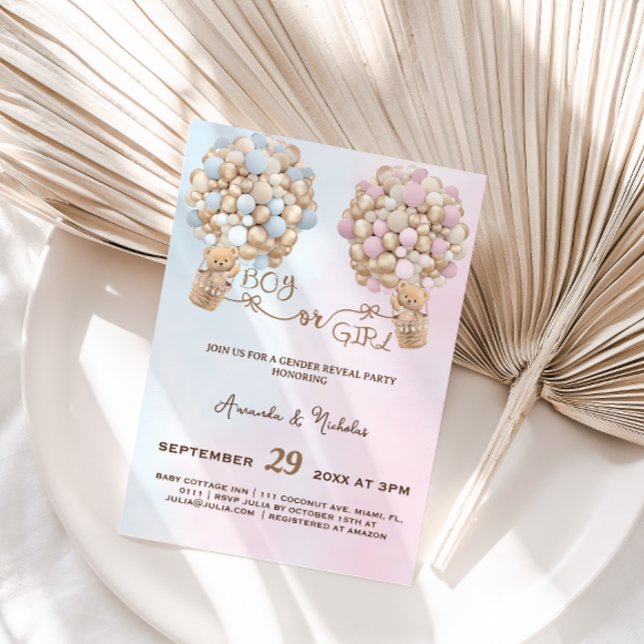 Convites Urso Suave, Rosa e Balões Azuis - Cor-de-Rosa - Re (Criador carregado)