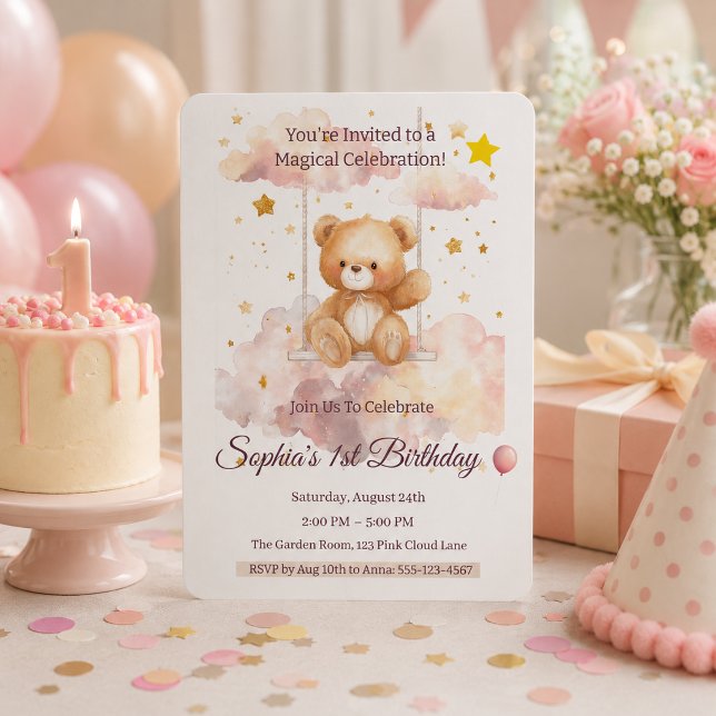 Convites Urso Teddy Adorável 1º Aniversário – Personalizado (Criador carregado)