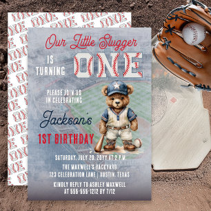 Convites Urso Teddy de 1º Aniversário de Beisebol Pequeno S