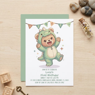 Convites Urso Teddy Fofo Dinossauro Aniversário de 1 ano