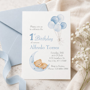 Convites Urso Teddy Fofo na Lua 1º Aniversário Menino Aquar