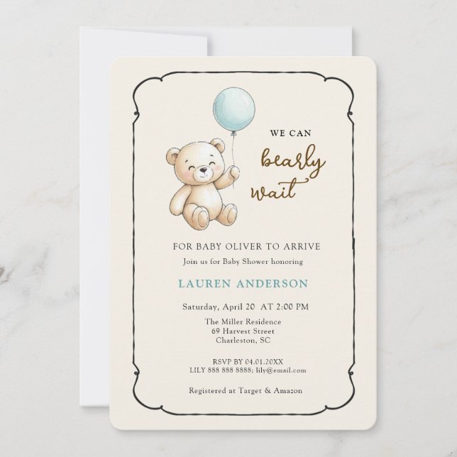 Convites Urso Teddy Fofo Retrô, Chuvada de Bebê Menino (Frente)