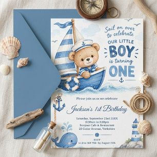 Convites Urso Teddy Náutico Barco de Aniversário de 1 Ano
