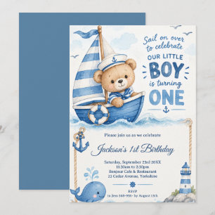 Convites Urso Teddy Náutico Barco de Aniversário de 1 Ano