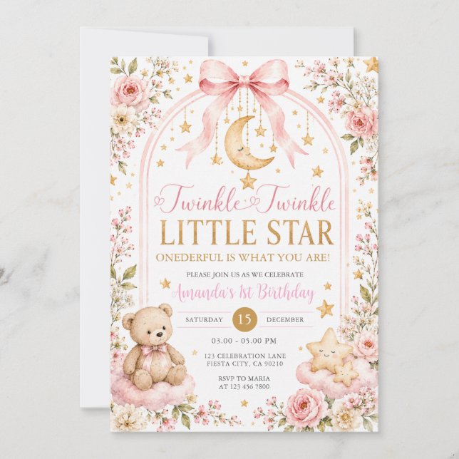 Convites Urso Twinkle Twinkle Little Star 1º Aniversário (Frente)