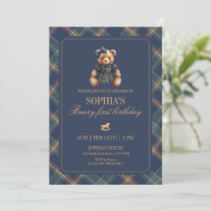 Convites Urso Xadrez Azul Menina Plaid 1º Aniversário