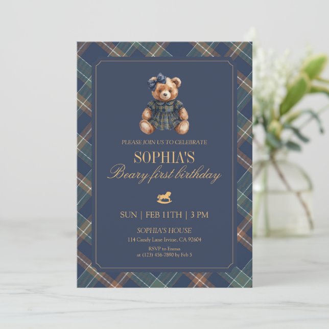 Convites Urso Xadrez Azul Menina Plaid 1º Aniversário (Em pé/Frente)