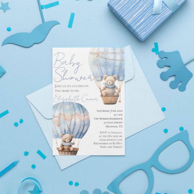 Convites Ursos bonitos no Chá de Bebê Balão (Cute Bears in Balloon Baby Boy Shower Invitation)