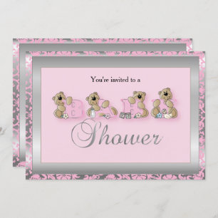 Convites Ursos de Teddy Silver e Damask Rosa Chá de fralda