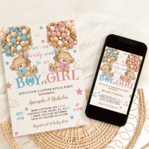 Convites Ursos Estrelas e Balões Cor-de-Rosa Revelação Azul