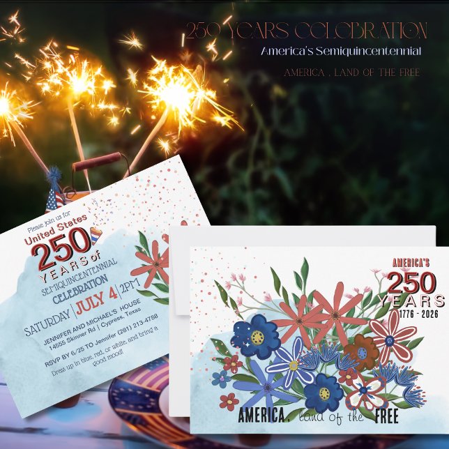 Convites US 250 Anos de Liberdade Semiquinentenário Floral (US 250 Years of Liberty Floral Semiquincentennial Invitation)