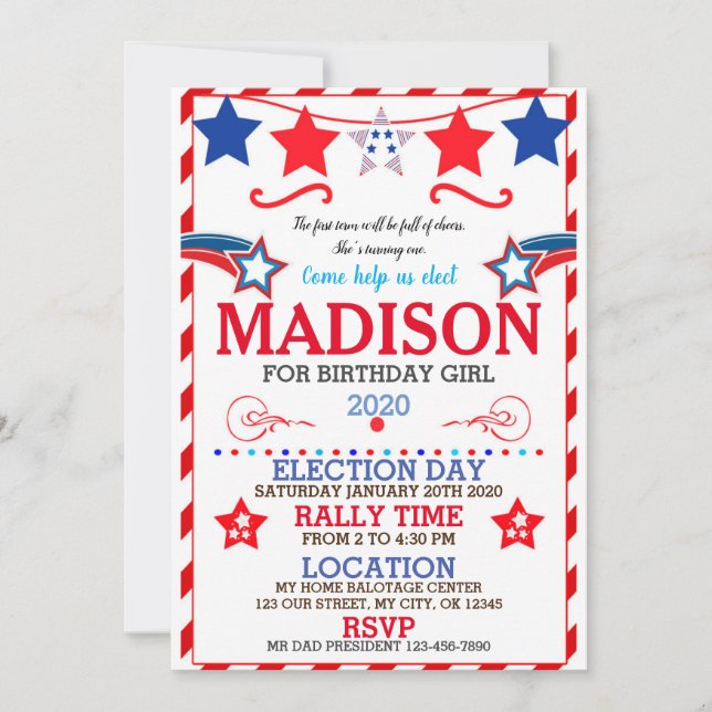 CONVITES US BIRTHDAY GIRL ELECTION BIRTHDAY INVITATION (Frente)