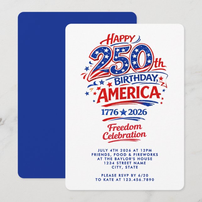 Convites USA America 250th Anniversary July 4th Party (Frente/Verso)