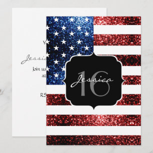 Convites USA flag red blue sparkles glitter Sweet 16 Convid
