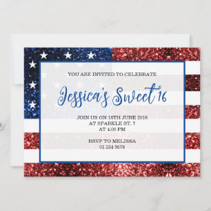 Convites USA flag red blue sparkles Sweet 16 elegant script