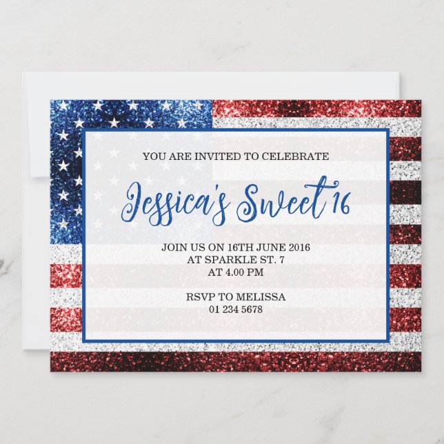 Convites USA flag red blue sparkles Sweet 16 elegant script (Frente)