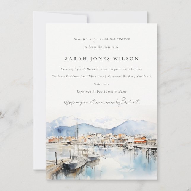 Convites Ushuaia Argentina Watercolor Scape Bridal Shower (Frente)