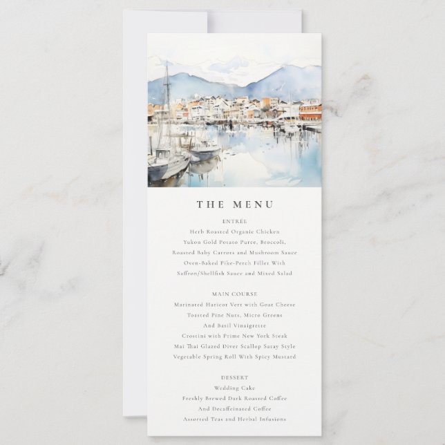 Convites Ushuaia, Argentina Watercolor Scape Wedding Menu (Frente)