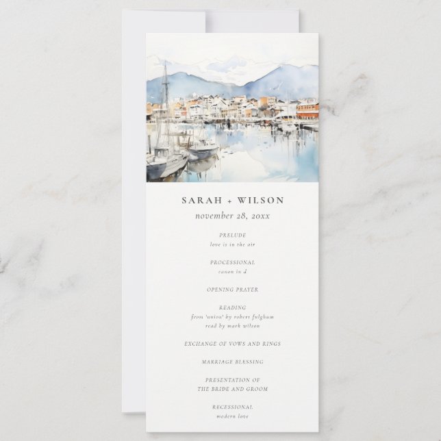 Convites Ushuaia, Argentina Watercolor Scape Wedding Menu (Frente)