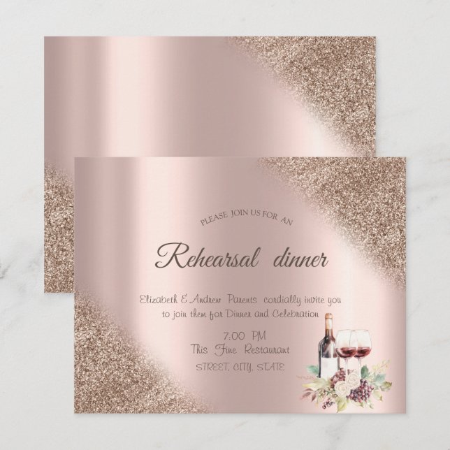 Convites Uvas de Vinho Elegantes Brilho Dourado Rosa  (Frente/Verso)