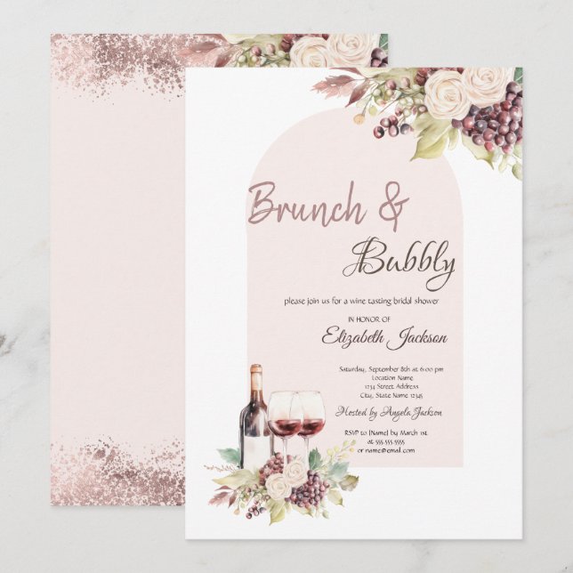 Convites Uvas Vinícolas Flores Boho Brunch & Espumante (Frente/Verso)