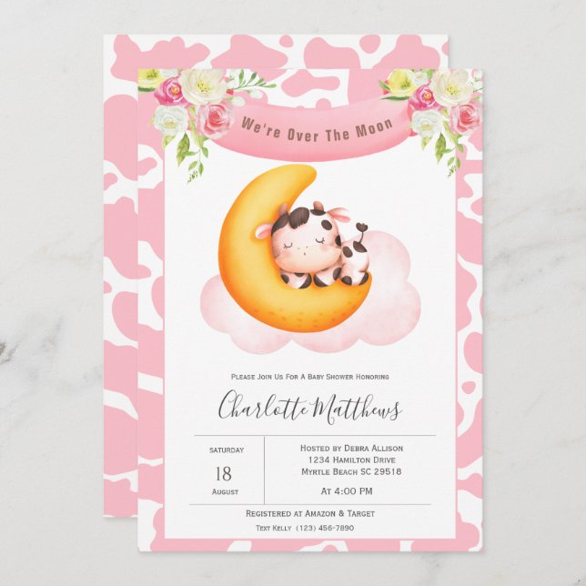 Convites Vaca Bonita Sobre O Chá de fraldas Da Lua (Frente/Verso)