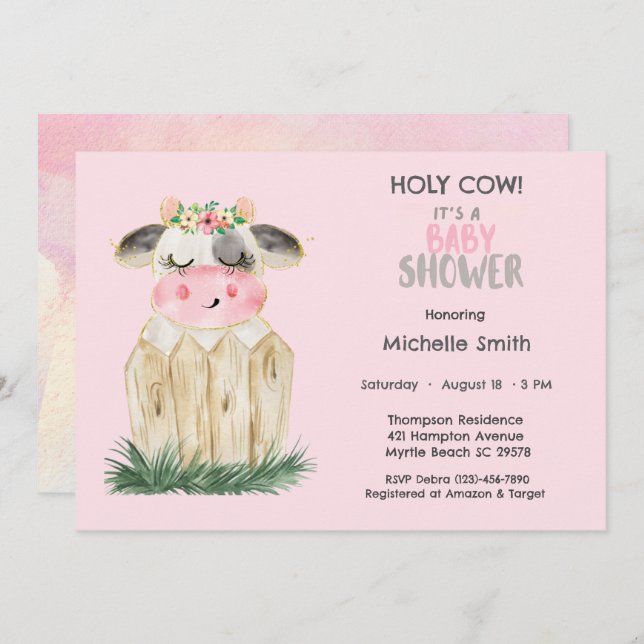 Convites Vaca branca, cor-de-rosa Dourada (Frente/Verso)