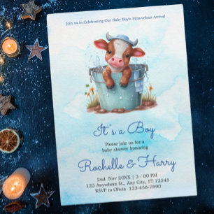 Convites Vaca branca de bebê em Chá de fraldas azul Balde É