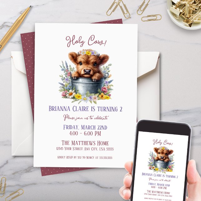 Convites Vaca das Terras Altas Cegas com Aniversário de cri (Cute wildflower highland cow theme kids baby birthday party invitation for country floral party)