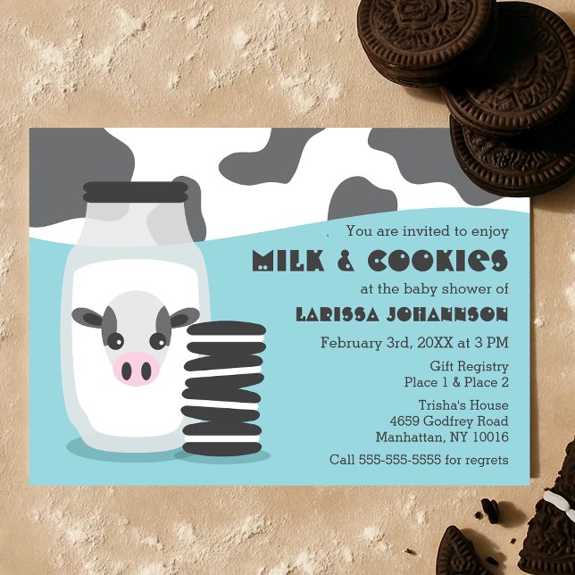Convites Vaca e Leite e Biscoitos, Chá de fraldas Azul (Cute Cow and Milk and Cookies Blue Baby Shower Invitation)