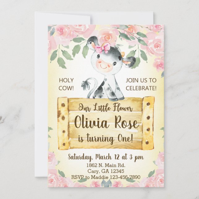 Convites Vaca e rosa 1rua no primeiro aniversário. (Frente)