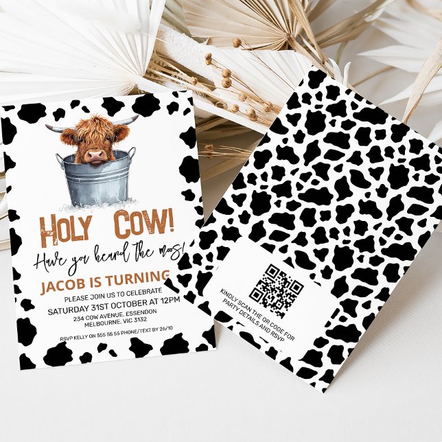 Convites Vaca Extrema QR No primeiro aniversario De Vaca Ba (Highland cow holy cow first birthday invitation with black and white cow print and QR code.)