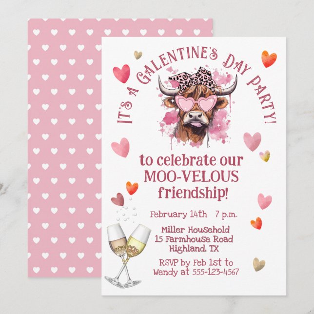 Convites Vaca Hereford do Dia Festivo Galentine (Frente/Verso)