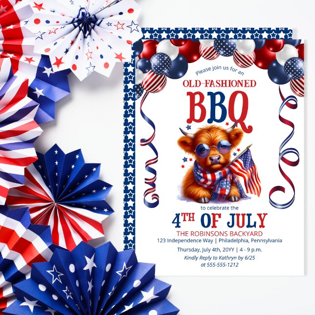 Convites Vaca Highland | Óculos de sol 4º do Partido do CHU (Balloon Arch and Cute Cool Highland Cow Calf Sporting Sunglasses 4th of July BBQ Invitation)