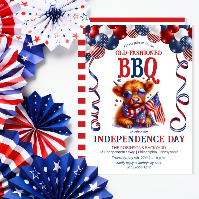 Convites Vaca Highland | Óculos de sol 4º do Partido do CHU (Balloon Arch Cute Cool Highland Cow Calf Sporting Sunglasses Independence Day BBQ July 4 Invitation)