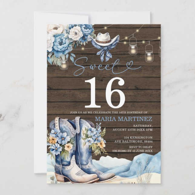Convites Vaca Ocidental Blue Floral Wood Sweet 16 Aniversár (Frente)