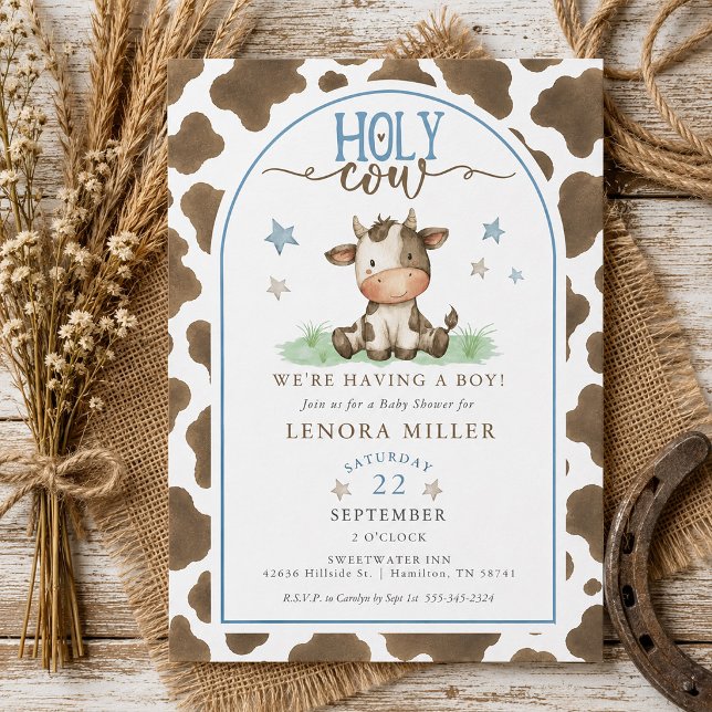 Convites Vaca Sagrada Aquarela Impressão de Vaca Marrom Chá (Holy Cow Watercolor Brown Cow Print Baby Shower Invitation )
