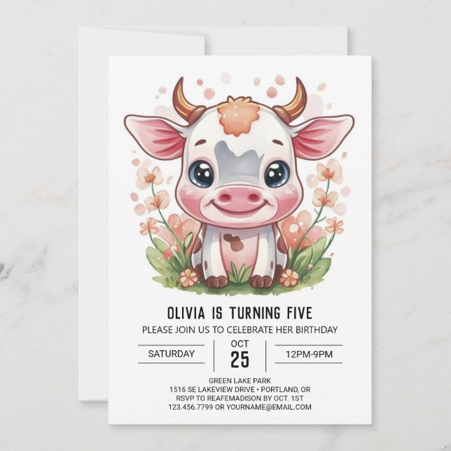 Convites Vaca Whimsical Elegant Watercolor (Frente)
