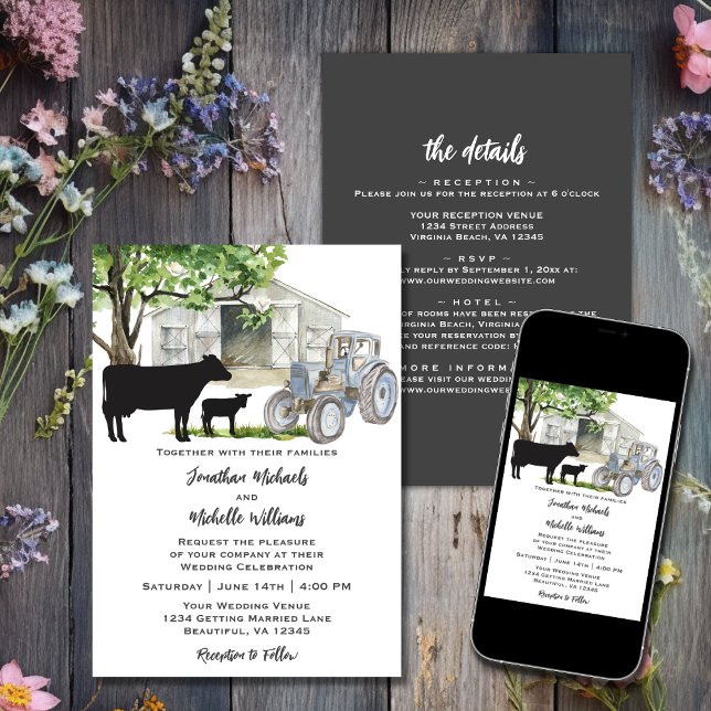 Convites Vacas e Fazenda do País Trator Tudo em Um Casament (Printed and Digital - Cows and Tractor Country Farm All in One Wedding Invitation)