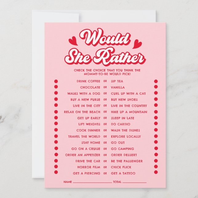 Convites Valentine Baby Shower Would She Rather Game Card (Frente)