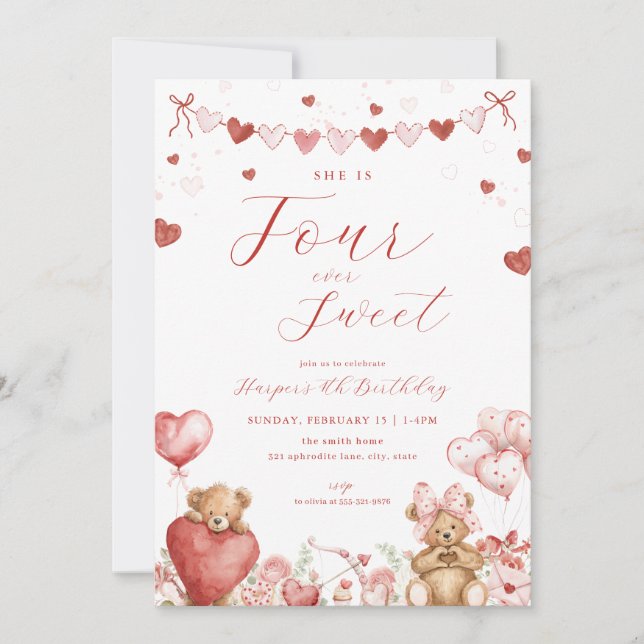 Convites Valentine Bear Four Ever Sweet 4th Birthday Invite (Frente)