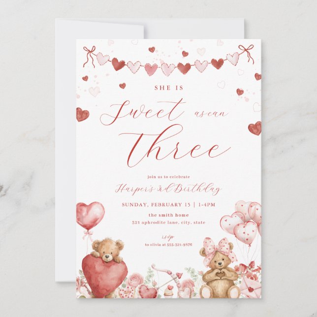 Convites Valentine Bear Hearts Sweet Third Birthday Invite (Frente)