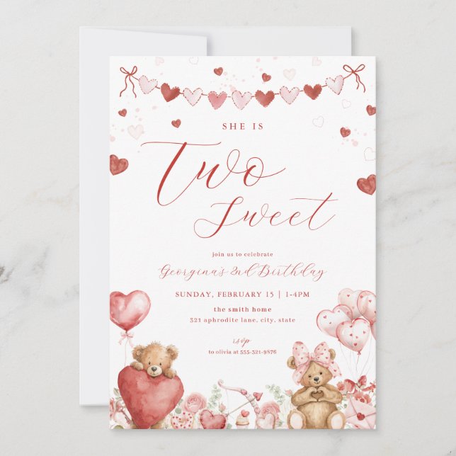 Convites Valentine Bear Two Sweet Second Birthday Invite (Frente)