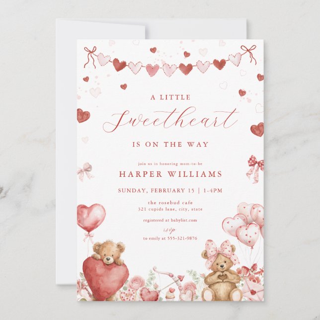 Convites Valentine Love Bear Little Sweetheart Baby Shower  (Frente)