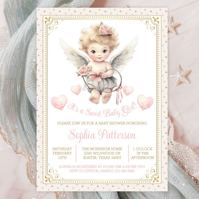 Convites Valentine Menina Querubim Corações Chás de Bebê (Cute sweetheart angel baby shower invitation. Instant download and printed invitations available.)